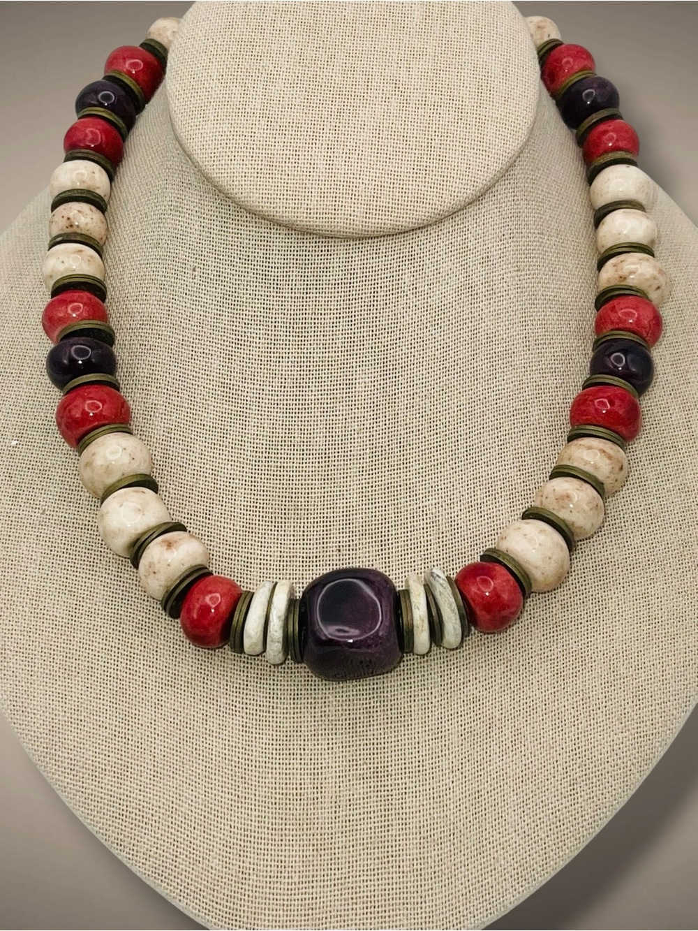Vintage Substantial Chunky Beaded Necklace Brown Cream Rust Stone Boho Choker
